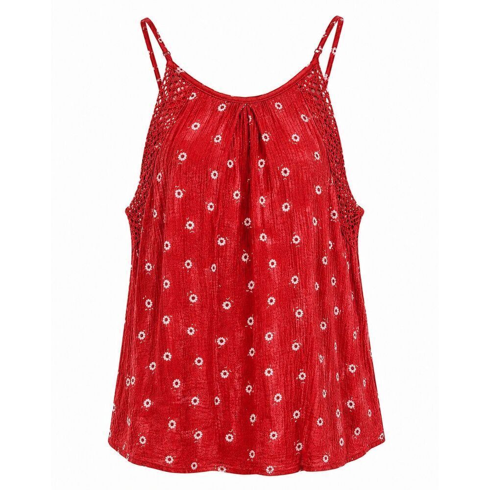 Mine Crinkle Floral Tank Top High Neck Boho Cami Red Womens Size L Daisy